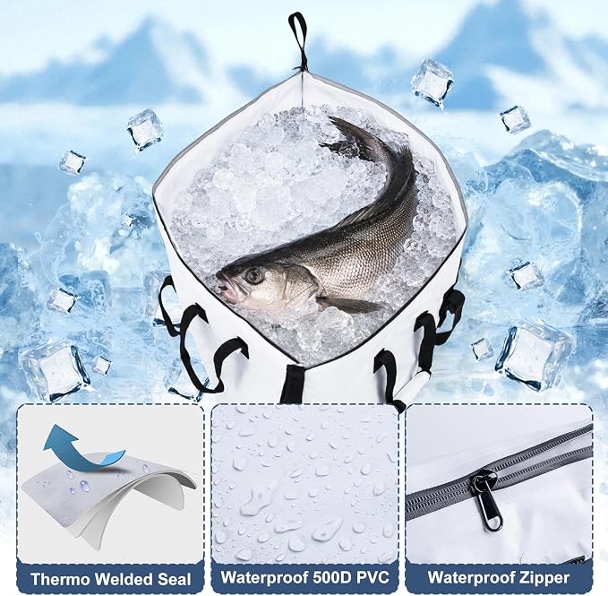 Goture Insulated Fish Cooler Bag, 500D PVC Leakproof Fishing Kill Bag, Portable Waterproof Fish Bags with Carry Handle and Strap, Large Fishing Cooler Bags with Drain Plug, 59.84”x 20.08”x 9.06”