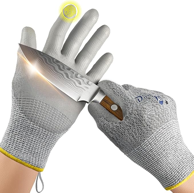 Dowellife Cut Resistant Work Gloves for Men & Women - ANSI A5 & EN388 Level 4, Breathable PU Coated, Grey Non-Marking - for Gardening, Fishing, Automotive, Construction, Wood Carving (Small, Grey)