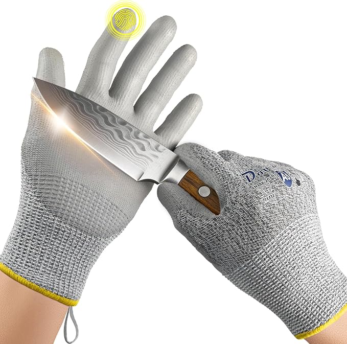 Dowellife Cut Resistant Work Gloves for Men & Women - ANSI A5 & EN388 Level 4, Breathable PU Coated, Grey Non-Marking - for Gardening, Fishing, Automotive, Construction, Wood Carving (Medium, Grey)