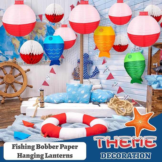 13pcs Fishing Bobber Paper Lanterns Hanging Fish Shaped Lanterns Honeycomb Ball Decorations Red and White Paper Lanterns for Fishing Themed Party Decorations Birthday Decor Supplies.