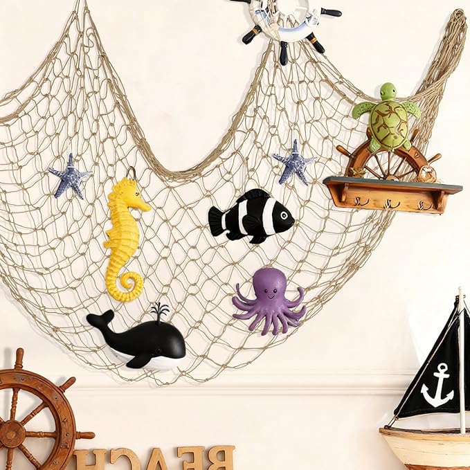 ZUEXT Caramel Decorative Fishing Net 5x10 ft, 3 Pack Large Picture Fish Net, Wall Photo Hanging Fishnet for Nautical Mermaid Pirate Ocean Themed Hawaii Beach Under The Sea Party Decorations