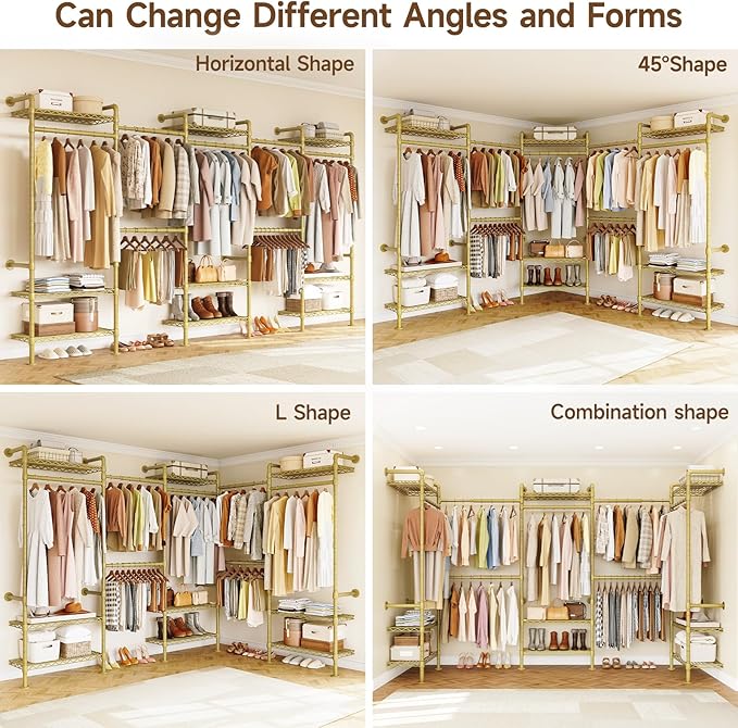 H5 Wall Mounted Closet System, Industrial Pipe Clothes Racks Clothing Rack with 4 Telescopic Rods & 3 Fixing Rods & 9 Shelves, Heavy Duty Closet Organizers and Storage in Wardrobe Closet (Gold)