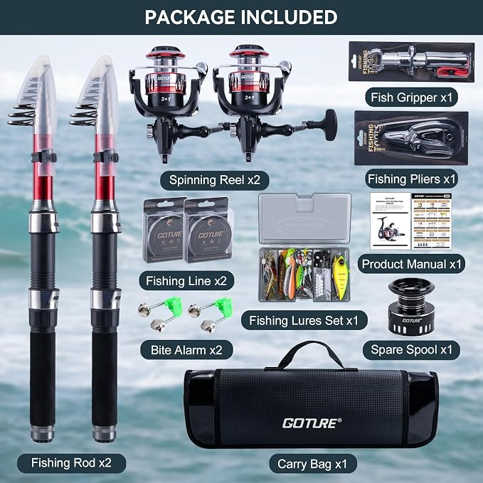 Goture Fishing Rod and Reel Combos-2PCS Telescopic Fishing Pole+2PCS Spinning Reels with Carrier Bag,1.8M-2.7M Telescopic Rod Reel Kit for Starter Travel Saltwater Freshwater,Gifts for Men