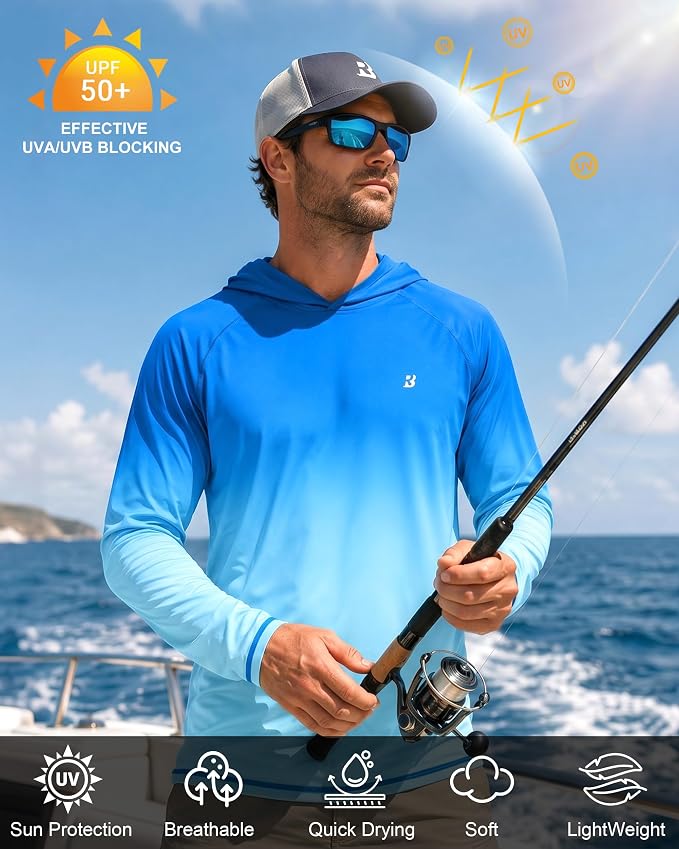 Roadbox UPF 50+ Fishing Shirts for Men, Long Sleeve UV Sun Protection Hoodie, Outdoor Hiking Running Swimming Rash Guard
