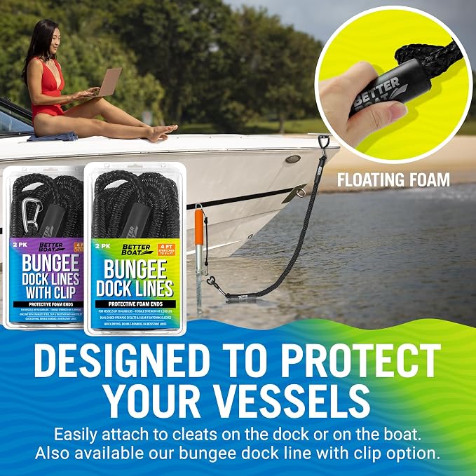 2-Pack Black Bungee Dock Lines, Marine Grade Boat Rope, Jet Ski or PWC Mooring Ties, Boating Accessories for Boats