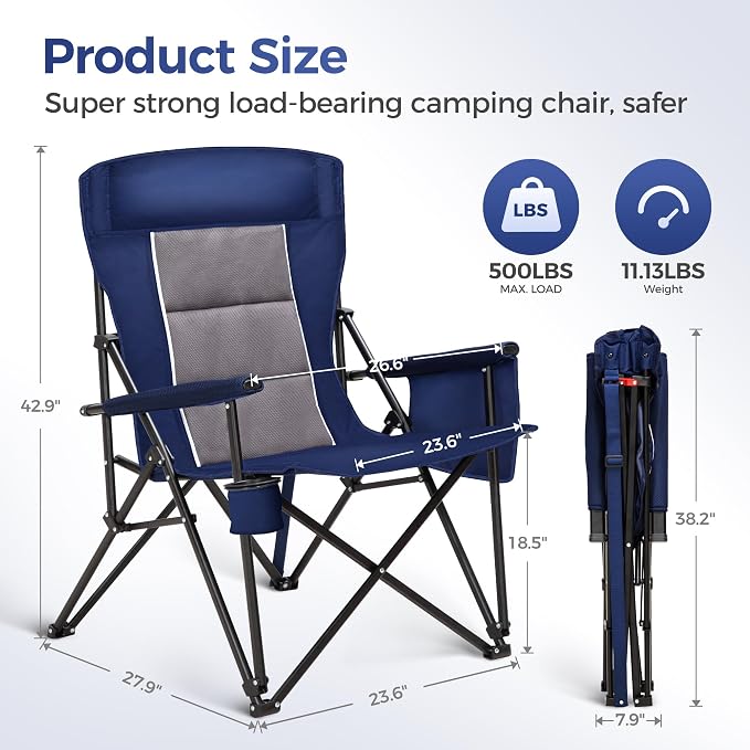 ALPHA CAMP Heavy Duty Camping Chairs with Cup Holder Oversized Folding Chair 500LBS Capacity Outdoor Chair with Headrest,Lawn with Side Pocket for Lawn, Sports and Fishing