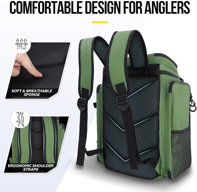 PLUSINNO Fishing Tackle Backpack with Rod Holders，42L Water-resistant Fishing Bag Store Fishing Gear,Fishing Gifts For Men.