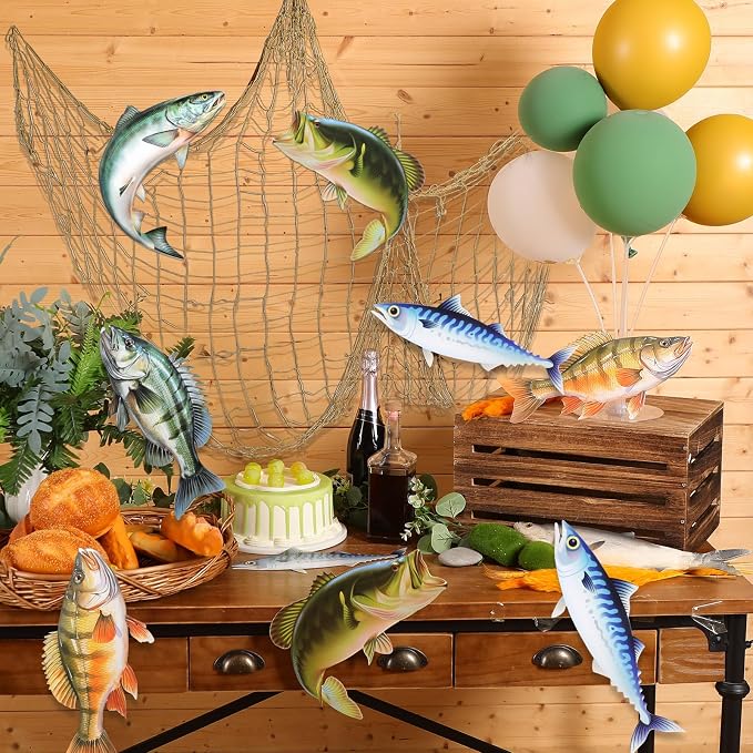 Silipull 11 Pcs Gone Fishing Party Decorations Kit Fishing Net Cute Cardstock Photo Prop for Birthday Sea Animal Indoor Outdoor Dessert Table Party Supply