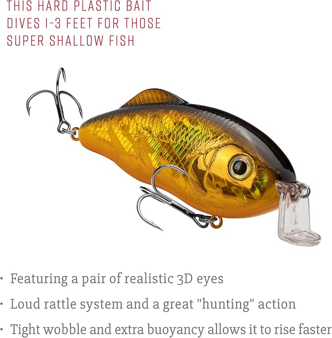 Strike King Hybrid Hunter Shallow Jr. Fishing Lure, Shallow Diving Crankbait, 90-Degree Bill, 3D Eyes, Loud Rattle, Dives 1 to 3-Feet,Size 4 & 6 Treble Hooks