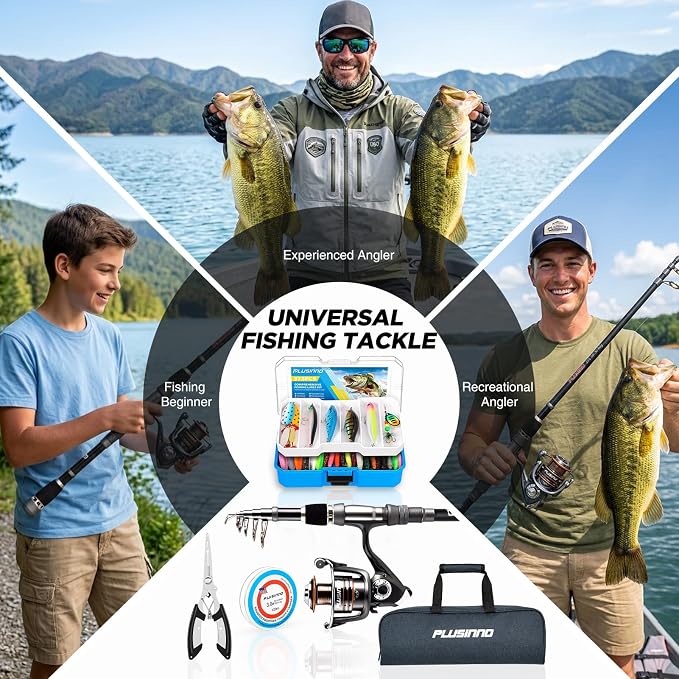 PLUSINNO Fishing Gear - Telescopic Fishing Rod and Reel Combo with Tackle Box, Collapsible Rod and Lures Box, Travel Fish Pole Starter Kit, Fishing Accessories Tackle Lure Kit Gifts for Men Bass Trout