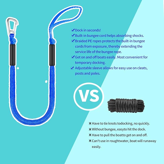 Boat Bungee Dock Lines – Adjustable Boat Tie Downs for Pontoon, Jet Ski, PWC, Kayak | Single Hook Small Cruiser Mooring Lines (2, Blue, 4 Feet)