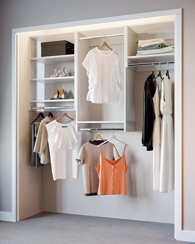 Closet Kit with Hanging Rods - Corner Closet System - Closet Shelves - Closet Organizers and Storage Shelves (White, 90 inches Wide) Closet Shelving
