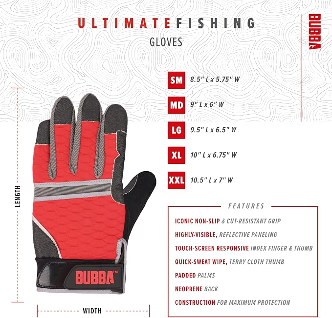 BUBBA Ultimate Fishing Gloves with Cut Resistant Construction, Cloth Thumb and Touch Screen Usability for Fishing, Angling, Boating and Outdoors