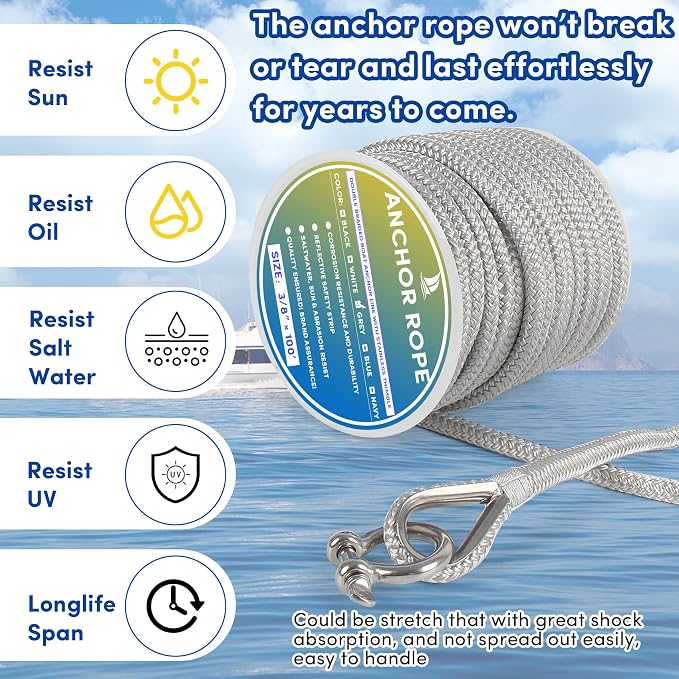 Boat Anchor Rope 100 ft x 3/8 inch Grey, Double Braided Anchor Line with Stainless Steel Thimble & Shackle, Marine Rope Ideal for Towing,Mooring,Decks,Anchoring,for Boats Up to 27'