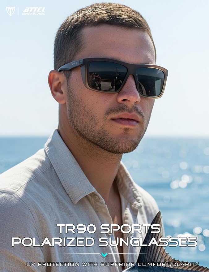 ATTCL Sports Polarized Sunglasses for Men: Secure Anti-Slip Lightweight TR90 Square Frame UV Protection for Driving Fishing