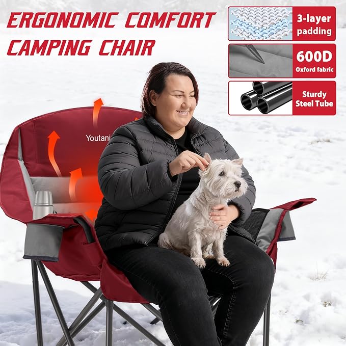Youtanic Oversized Extra Large Heated Padded Camping Chair up to 500lbs, 3 Heat Levels Camp Chair with Carry Bag, Outdoor Heating Folding Chairs for Adults, Fishing, Sports, Picnic, Gray-Red