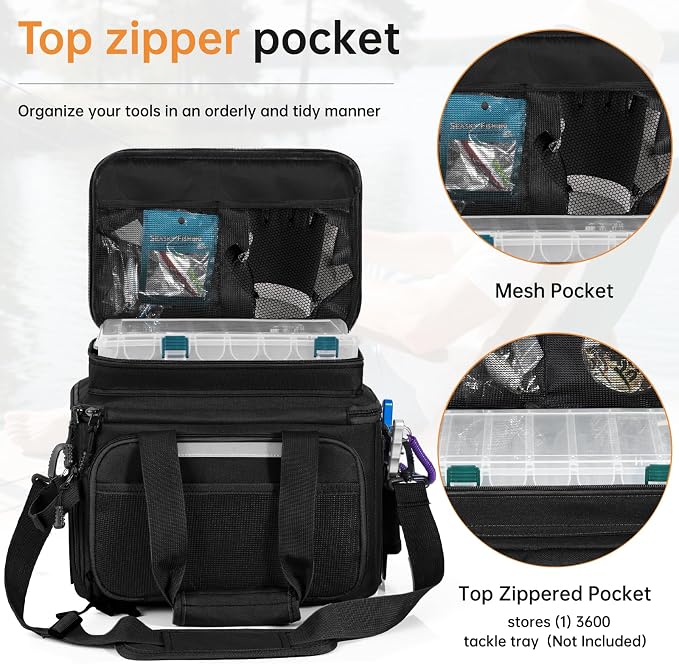 Fishing Tackle Bag - Holds 3400-3600 Size Tackle Boxes -Saltwater & Freshwater Fishing Bags - Padded Shoulder Strap Fishing Bags (Black) (Bag Only)