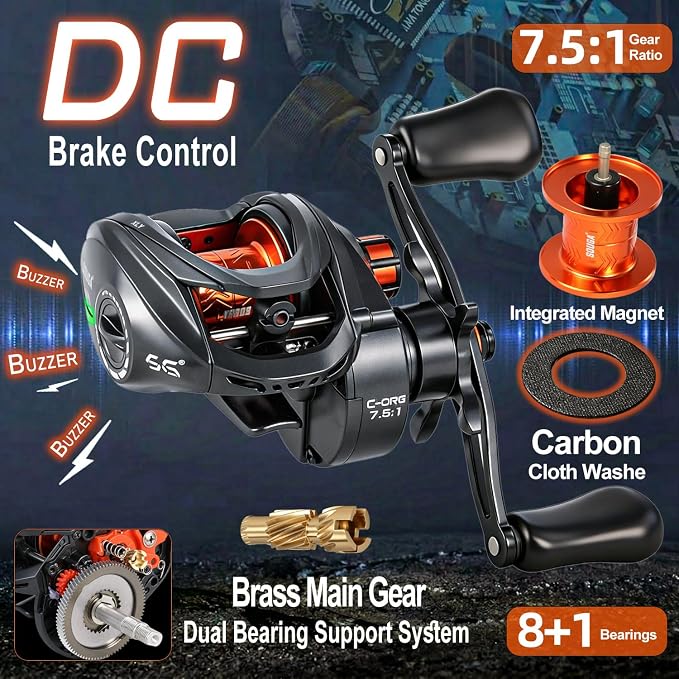 SOUGA DC Baitcaster Reel, Smart Digital Anti Backlash Baitcasting Reel, 7.5:1 High Speed, 8+1 Bearings, 18LB Max Drag, CNC Aluminum Spool, Line Out Alarm, Low Profile Fishing Reel for Bass & Beginners