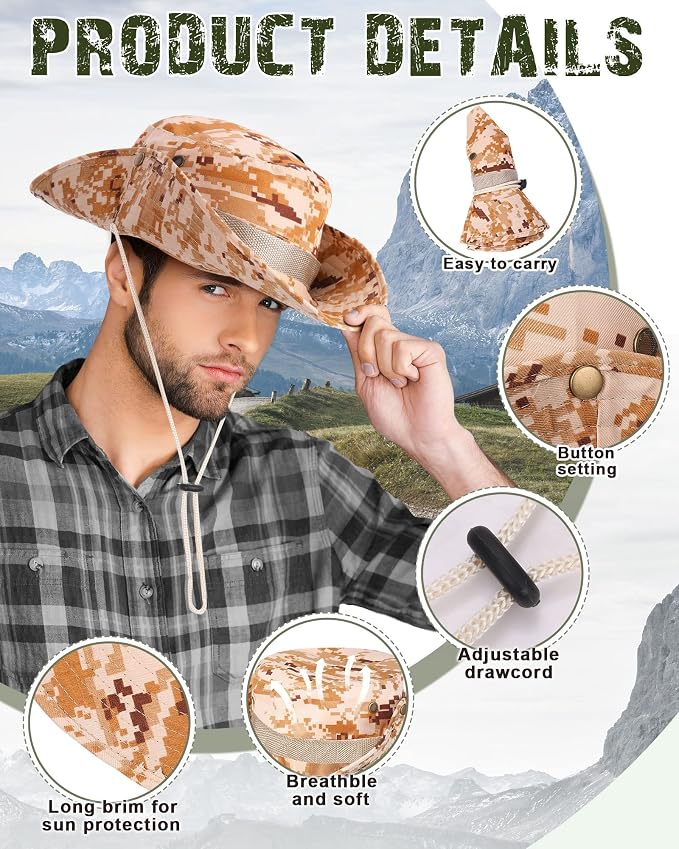10 Pcs Wide Brim Boonie Hat Bucket Hats Camo Solid UV Sun Protection Fishing Hat for Men Women Hiking Safari Hunting