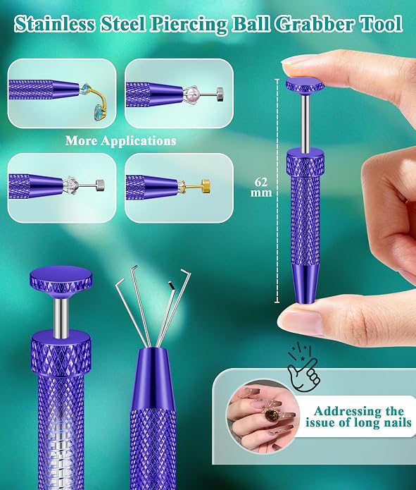 Upgraded Anti-Slip Piercing Ball Grabber Tool with Ergonomic Design for Changing Jewelry, Stainless Steel Jeweler Pick Up Tool 4 Claw Gem Piercing Changing Tool Body Piercing Kit for Ear Nose Lip