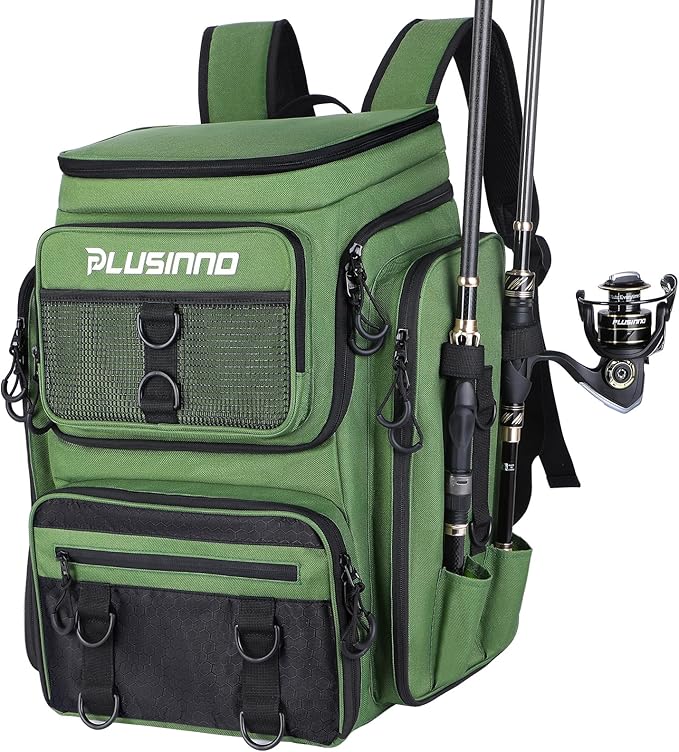 PLUSINNO Fishing Tackle Backpack with Rod Holders，42L Water-resistant Fishing Bag Store Fishing Gear,Fishing Gifts For Men.
