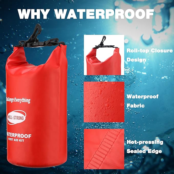Emergency First Aid Kit for Boating, Fishing & Kayaking – Waterproof Medical Supplies with Roll Top Design, 2L Capacity, Red