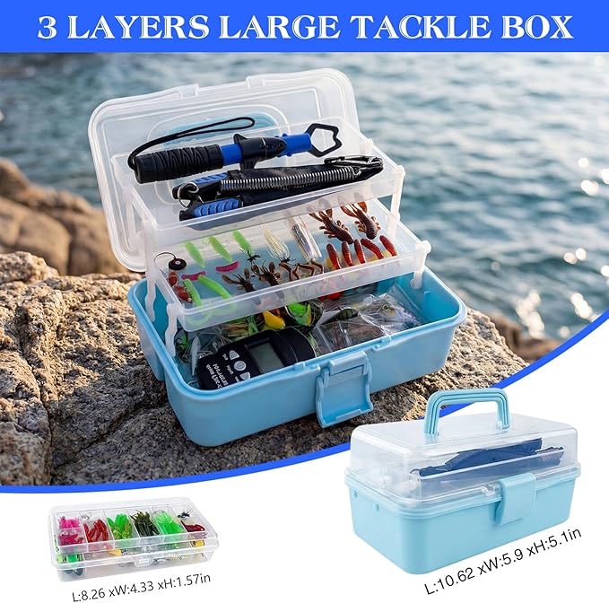 3-Layer Fishing Tackle Box with Tackle Included, Fishing Tools Kit Includes Pliers Fish Lip Gripper Scale Crankbait Spinnerbaits Soft Baits Hooks, Ideal Gift for Angler Saltwater Freshwater (Blue)
