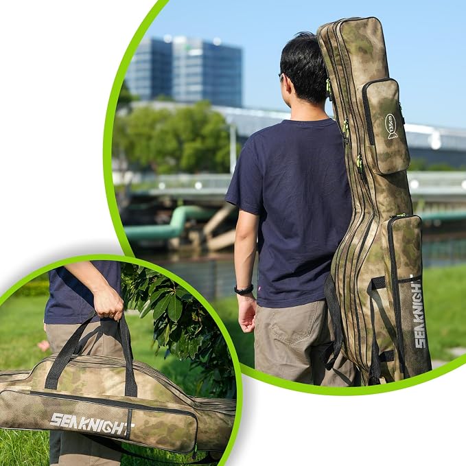 Seaknight Portable Fishing Rod Case - 2 Sizes (53.15in/59.0in) Oxford Fabric Tackle Storage Bag for Travel, Durable Rod Carrier for Freshwater & Saltwater Anglers (Yellow Camou, 135cm/ 53.15in)