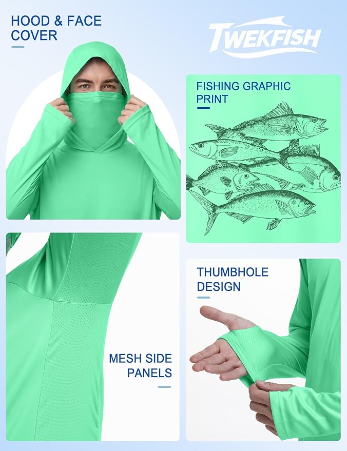 Men's UPF 50+ Long Sleeve Fishing Hoodie, UV Protection Sun Shirt with Hood Mask, Hooded Graphic Shirts for Outdoor