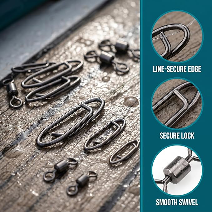 220Pcs Stainless Steel Fishing Power Speed Clips - S:50p M:40p L:30p 4#50p 6#50p, Heavy Duty Rotating Snap Fasteners for Quick Bait/Lure Changes, Saltwater & Freshwater Fishing