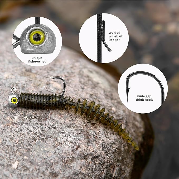 15-Pack Fish Eye Ned Rig Jig Heads with Welded Wire Bait Keeper – 1/16 3/32 1/8 3/16 1/4oz with 2/0 3/0 Hooks, Chartreuse Eyes, Secure Finesse TRD Hookup for Bass Fishing