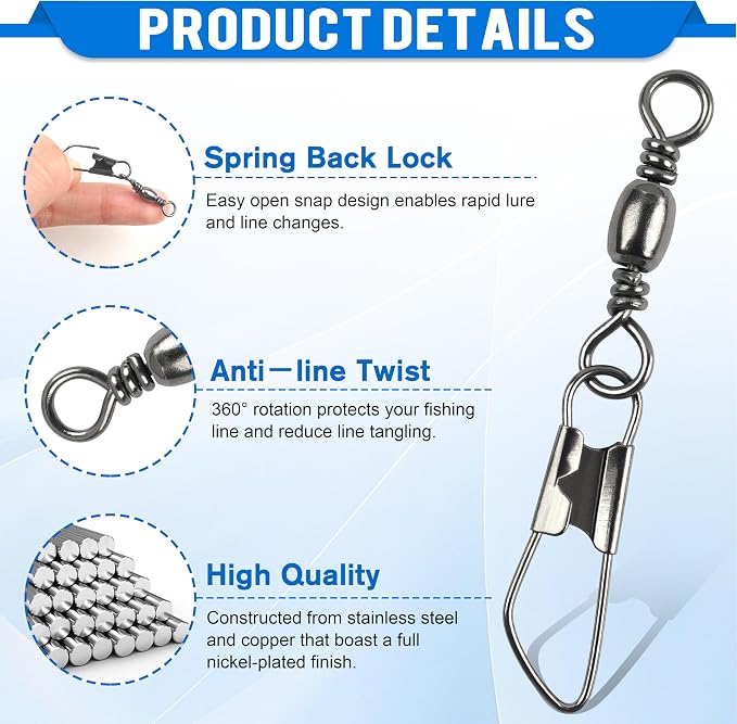 SILANON Fishing Barrel Swivels Snaps, Barrel Swivel with Safety Snap Stainless Steel Brass Swivels Fishing Tackle Line Connector High Strength Solid Rings for Saltwater Freshwater