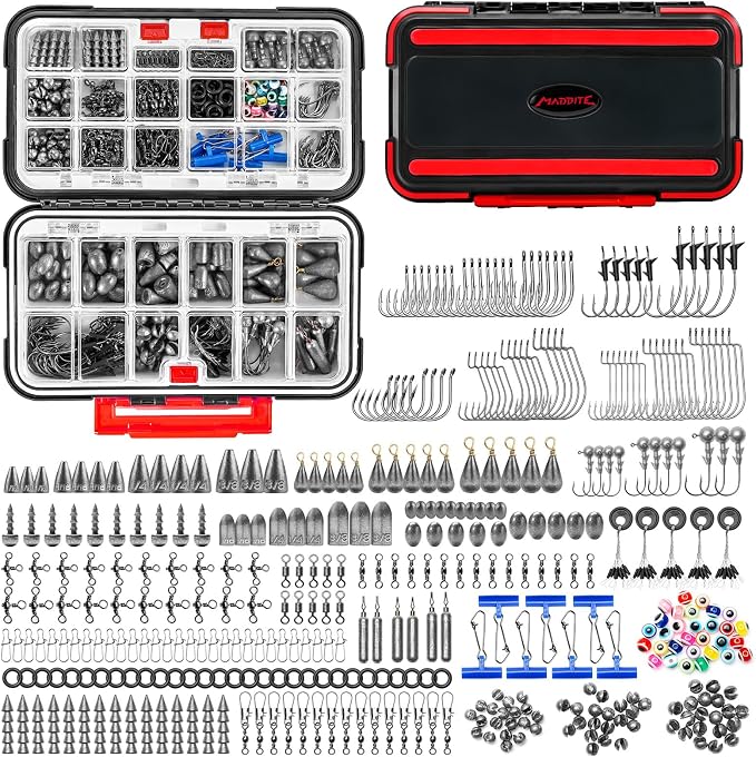 MadBite by KastKing 182/265/400pcs Compact Fishing Tackle Kit - All-in-One Freshwater Hooks, Weights, Bobbers in Tackle Box, Fishing Gear Set for Bass Trout Panfish
