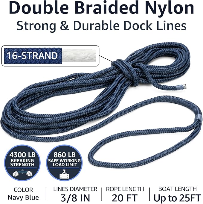 2-Pack Double Braid 3/8" x 20' Dock Lines – Nylon Boat Ropes for Docking with 12" Spliced Eye – Heavy Duty Marine Rope – Soft & Durable Boat Lines for Pontoon and Light Boat (Navy Blue)