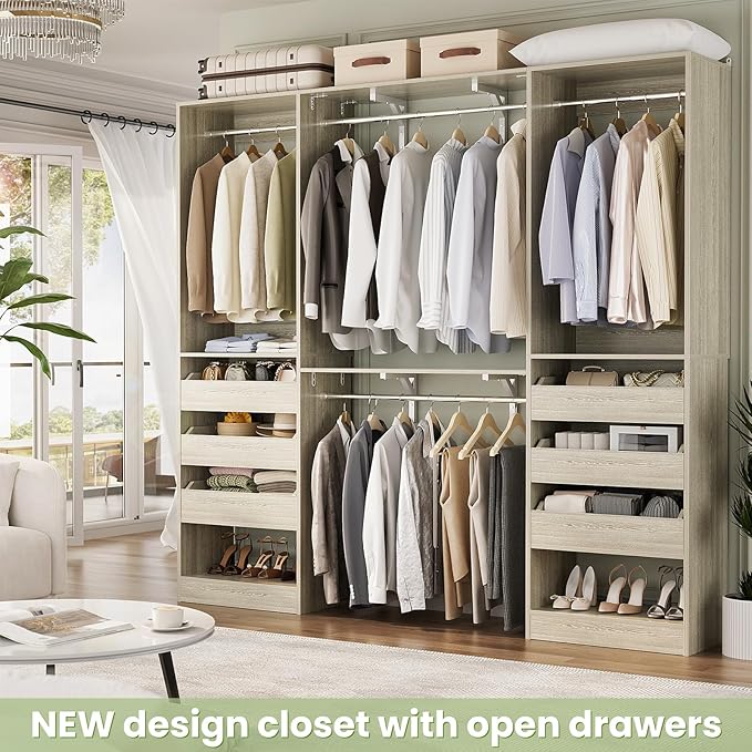 60" Wide x 80" Tall Closet System with 3 Half-Open Wooden Drawers, 5FT Closet Organizer System with 2 Hanging Rods & Removable Tower, Freestanding Wardrobe Organizer for Walk-in Bedroom, White Oak