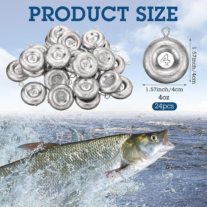 24 Pieces Fishing Disc Sinkers Weights Disc Sinker Fishing Sinkers Weights for Saltwater Catfishing Trolling Surf Tackle