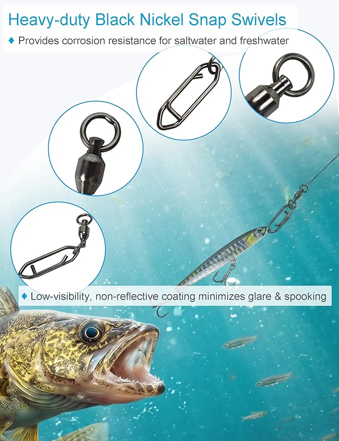 Ball Bearing Fishing Swivels with Speed Clips - 29pcs/Box Black Nickel Stainless Steel Snap Swivels, Size 0# - 4# Saltwater & Freshwater Quick Change Lure Snap