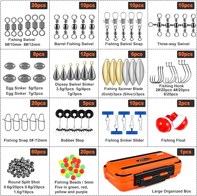 PLUSINNO 253/387pcs Fishing Gear Accessories Kit, Fishing Tackle Box with Tackle Included, Fishing Hooks, Fishing Weights Sinkers, Spinner Blade, Fishing Equipment for Bass Trout Bluegill Crappie