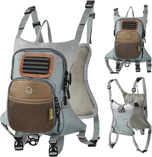 Qiullen Fly Fishing Chest Pack,Waterproof Tackle Bag with Zip-Down Workstation,Fly Box Storage,Net Holder,Adjustable Straps for Wading and Stream Fishing