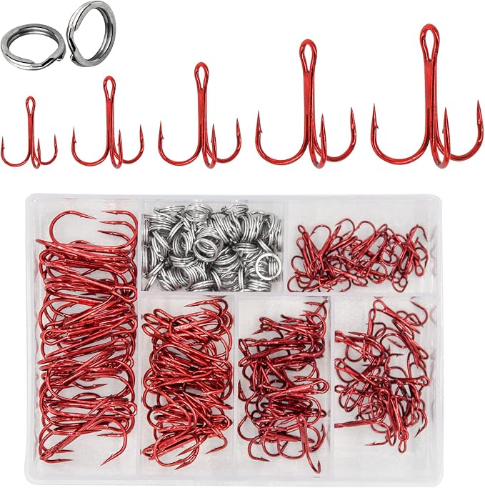 200 Pack Fishing Treble Hooks Kit High Carbon Steel Hooks Strong Sharp Round Bend with Split Rings for Lures Baits Saltwater Freshwater Fishing Size 2# 4# 6# 8# 10#
