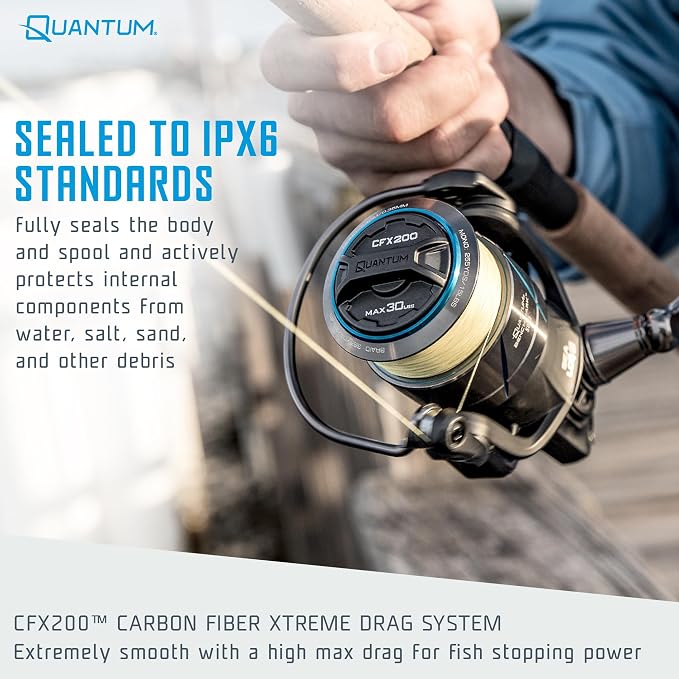 Quantum Benchmark Spinning Reel and Fishing Rod Combo, Graphite Composite Blank, 5+1 Bearings, Silver/Blue