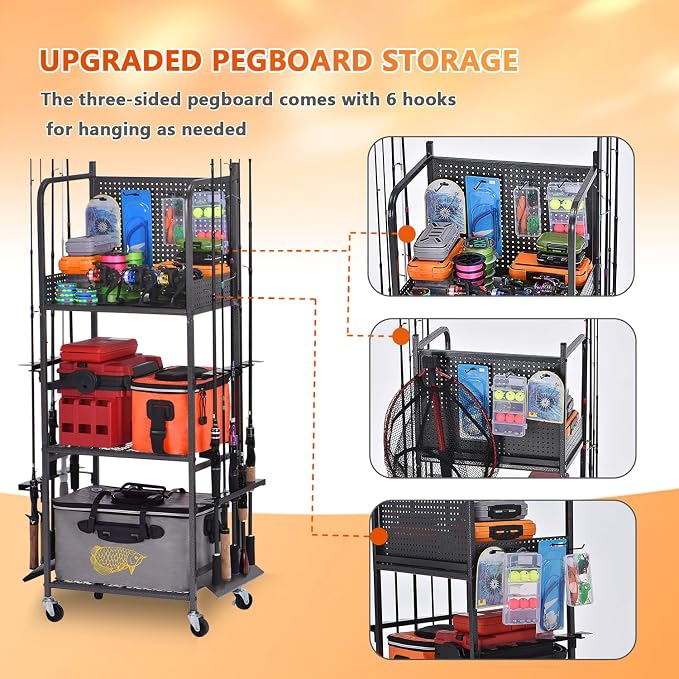 Heavy Duty Fishing Rod Rack, Fishing Organizer for Garage, Fishing Gear Holder for Garage with Movable Wheels