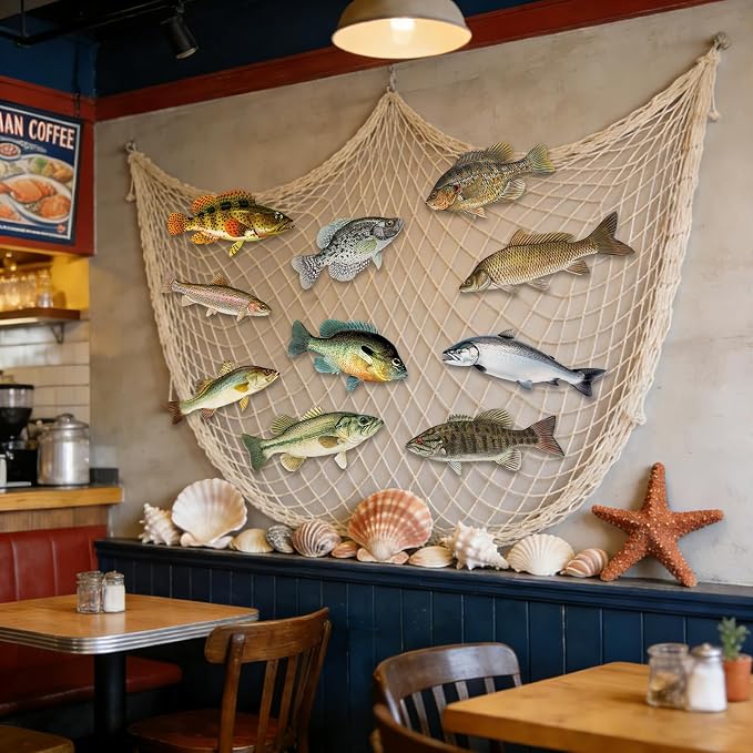 Gone Fishing Party Decorations Kit with Large Fishing Net & 10 Fake Fish Cutouts, Under The Sea Theme Wall Table Fish Decor for Avid Fisherman Birthday First Year Ocean Animal Photo Backdrop Supplies