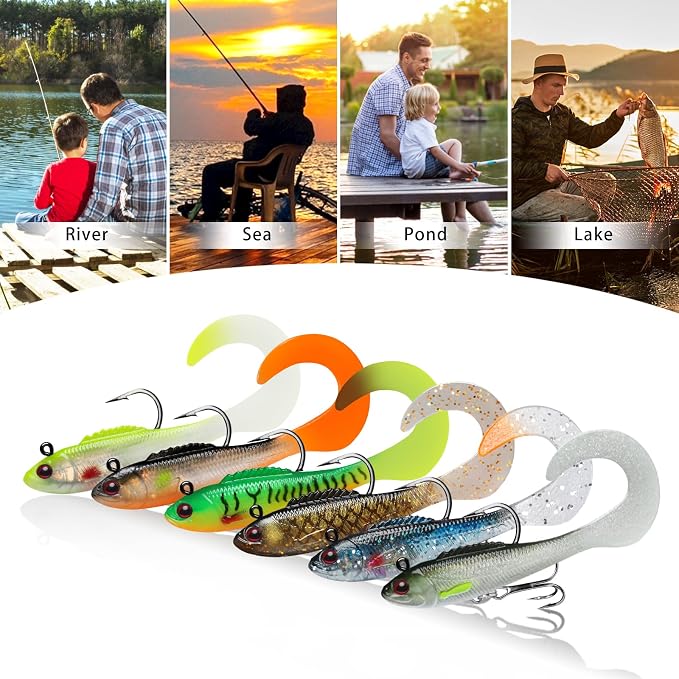 TRUSCEND Shadtale Easy Catch Soft Fishing Lures with BKK Hooks - Trembly Sinking and Vibrating Swim for More Bites, Pre-Rigged Swimbaits for Bass, Trout, Crappie, Walleye, Freshwater Saltwater Fishing