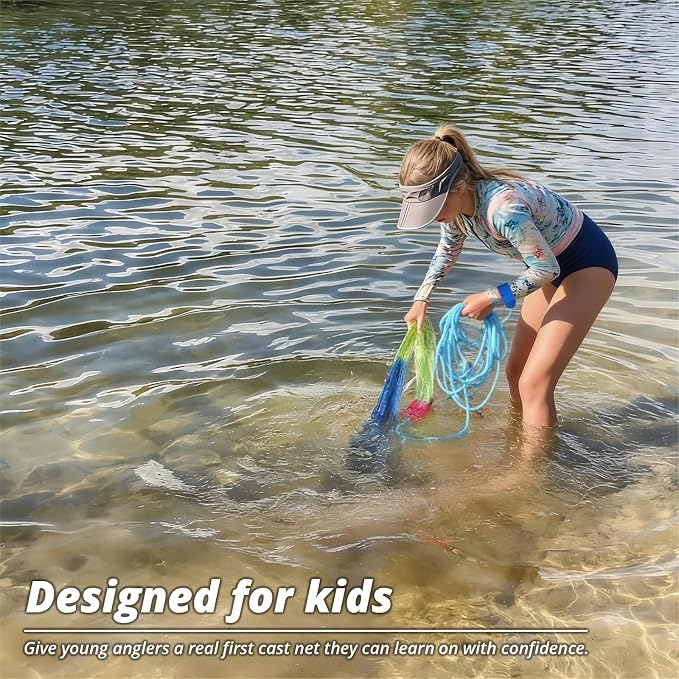 Fishing Cast Net for Kids, Colorful Throw Net for Freshwater & Saltwater, Eco-Friendly Lead Weights, 3/8inch Mesh Size, 0.8/LB Per ft, 3/4.5 Ft Radius Casting Net