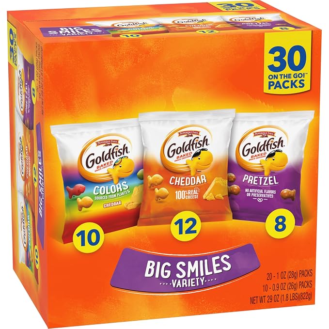 Goldfish Crackers Big Smiles Variety Pack with Cheddar, Colors, and Pretzels, Snack Packs, 30 Ct (Pack of 4)