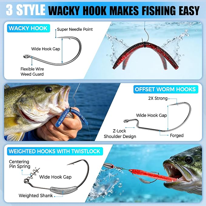 PLUSINNO Wacky Worm Fishing Lure Kit, Soft Plastic Fishing Lures, Grub Baits Hook Wacky Rig Bass Trout Fishing Worms Lures w/Tackle Box