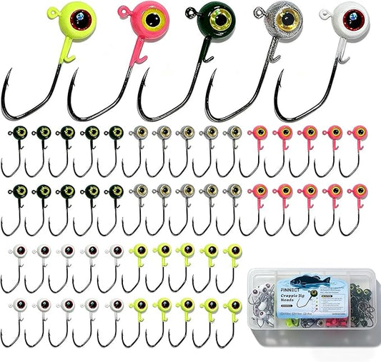 Crappie Jig Heads Kit, 45/50-Pack, 1/32oz, 1/16oz, 1/8oz, 5 Colors Fishing Jigs for Bass, Walleye, Panfish Freshwater Fishing