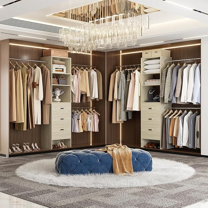 96'' Closet Organizer System with 3 Hanging Rods, 8FT Closet Organizers and Storage with 3 Wooden Drawers, Built in Closet Organizer Systems, Adjustable Walk-in Wardrobe from 2-8FT, White Oak
