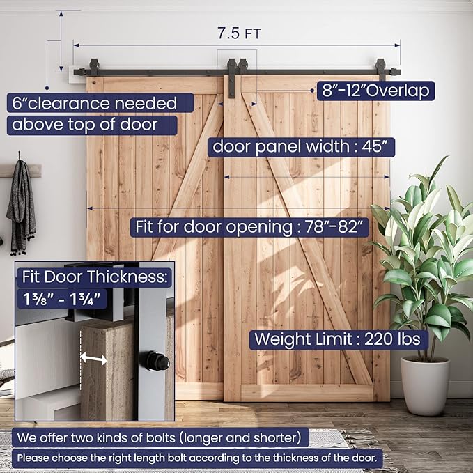 SMARTSTANDARD 7.5 Feet Bypass Sliding Barn Door Hardware Kit - for Double Wooden Doors-Single Track - Smoothly & Quietly - Easy to Install-Fit 78" Opening